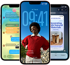 อุปกรณ์ iPhone 17e จำนวน 3 เครื่อง, แสดงแอปข้อความพร้อมดีไซน์ Liquid Glass, หน้าจอล็อคแบบไดนามิก และ Apple Intelligence ขณะกำลังใช้งาน
