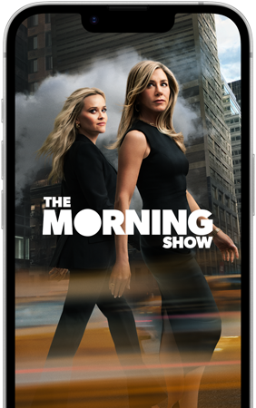 หน้าจอด้านหน้าของ iPhone 17e แสดงซีรีส์ Apple TV+ เรื่อง The Morning Show