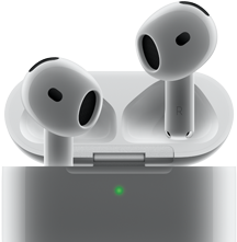 AirPods 4 ที่ลอยออกมาจากเคส, บนเคสมีแสงสีเขียว