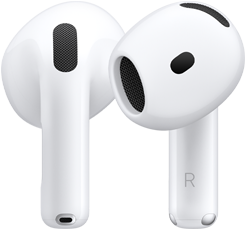 ด้านหลังของ AirPods ข้างซ้าย, ด้านหน้าของ AirPods ข้างขวา, ก้านหูฟัง AirPods มีตัวอักษร R แสดงให้เห็นว่าใช้ใส่กับหูข้างขวา