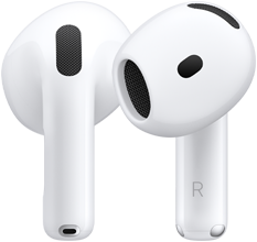 ด้านหลังของ AirPods ข้างซ้าย, ด้านหน้าของ AirPods ข้างขวา, ก้านหูฟัง AirPods มีตัวอักษร R แสดงให้เห็นว่าใช้ใส่กับหูข้างขวา