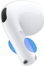 ภายนอกหูฟัง AirPods 5, วงกลมสีฟ้าที่ไฮไลท์ตำแหน่งสำหรับแตะที่ก้านหูฟังเพื่อควบคุมระดับเสียง