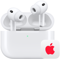 AirPods Pro 3, หูฟังไร้สายข้างซ้ายและข้างขวาอยู่ในเคสชาร์จ MagSafe, โลโก้ Apple