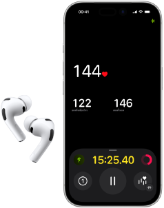 AirPods Pro 3, ครึ่งล่างของหน้าจอ iPhone 17 Pro, แอปฟิตเนสกำลังแสดงอัตราการเต้นของหัวใจ