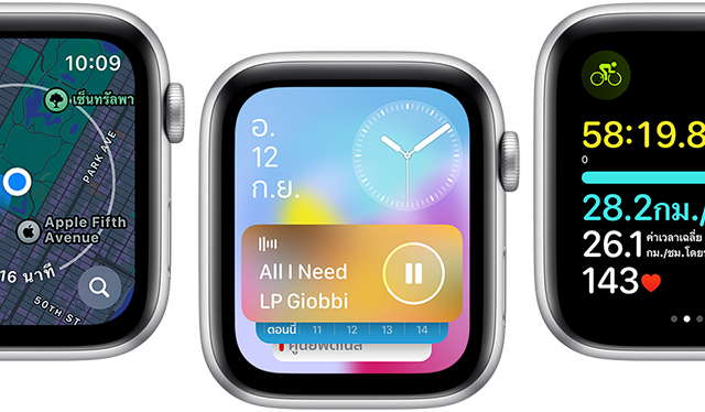 มุมมองด้านหน้าของหน้าจอ Apple Watch SE ที่แสดงหน้าจอของแอปที่อัปเดตหลากหลายแอป