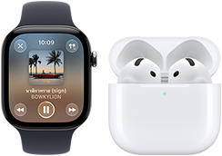 Apple Watch Series 12, ตัวเรือนอะลูมิเนียม, สีดำ, สายแบบ Sport Band สีดำ, แอป Apple Music เปิดอยู่, จับคู่กับ AirPods 4