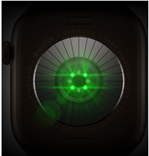 ด้านหลังของ Apple Watch Series 12, ตัวเรือนอะลูมิเนียม, สีบรอนซ์เข้ม, เซ็นเซอร์ทรงกลมหลายตัวพร้อมแสง LED สีเขียวส่องสว่าง, ภายนอกด้านซ้าย, Digital Crown, สายแบบ Sport Band, สีเขียวมะกอก