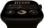 Apple Watch Series 12, ตัวเรือนอะลูมิเนียม, สีบรอนซ์เข้ม, หน้าปัดนาฬิกาโมดูลาร์, กลไกหน้าปัด ได้แก่ วันและวันที่, การออกกำลังกาย, วงแหวนกิจกรรม, Apple Music, ภายนอกด้านขวา, Digital Crown, สายแบบ Sport Band, สีเขียวมะกอก