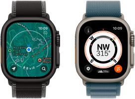 อุปกรณ์ Apple Watch Ultra 3 สองเรือน, เรือนหนึ่งแสดงแผนที่ และอีกเรือนแสดงคุณสมบัติการติดตามการเดิน ซึ่งประกอบด้วย เข็มทิศ ระดับความสูง และจุดอ้างอิงที่บันทึกไว้