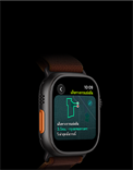 Apple Watch Ultra 4, ตัวเรือนไทเทเนียม, สีดำ, คุณสมบัติเส้นทางการแข่งขันพร้อมแผนที่เส้นทางการวิ่ง, ภายนอกด้านซ้าย, ปุ่มแอ็คชั่น, สายแบบ Alpine Loop, สีเบอร์กันดี