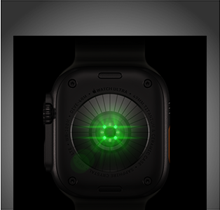 ด้านหลังของ Apple Watch Ultra 4, ตัวเรือนไทเทเนียม, สีดำ, เซ็นเซอร์ทรงกลมหลายตัวพร้อมแสง LED สีเขียว