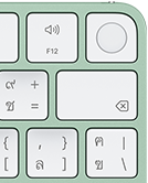 Magic Keyboard, มุมขวาบน, สีเขียว, Touch ID, ปุ่มลบ, และปุ่มฟังก์ชั่นปรับระดับเสียง