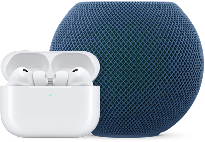 AirPods Pro ในเคสชาร์จที่เปิดอยู่, สีขาว, และ HomePod mini, สีน้ำเงิน
