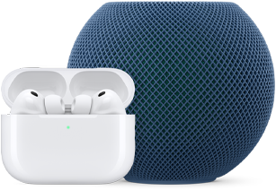 AirPods Pro ในเคสชาร์จที่เปิดอยู่, สีขาว, และ HomePod mini, สีน้ำเงิน