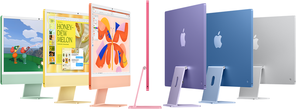 iMac เจ็ดรุ่นในสีเขียว เหลือง ส้ม ชมพู ม่วง ฟ้า และเงิน กางออกแบบหีบเพลง