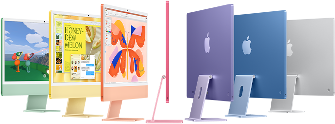 iMac เจ็ดรุ่นในสีเขียว เหลือง ส้ม ชมพู ม่วง ฟ้า และเงิน กางออกแบบหีบเพลง