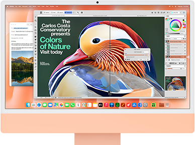 iMac, ภายนอกด้านหน้า, สีส้ม, แสดงแอปปรับแต่งรูปภาพพร้อมเครื่องมือ AI และแอปเมลในพื้นหลัง