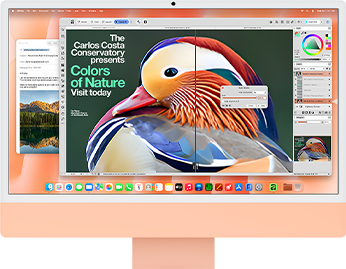 iMac, ภายนอกด้านหน้า, สีส้ม, แสดงแอปปรับแต่งรูปภาพพร้อมเครื่องมือ AI และแอปเมลในพื้นหลัง