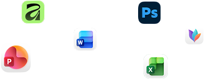 ไอคอนแอปต่างๆ ลอยอยู่บนหน้าจอ, เช่น Microsoft Word, Adobe Photoshop, Canva และ Figma
