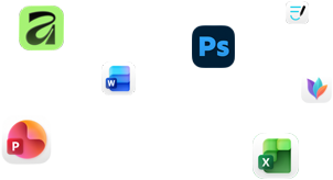 ไอคอนแอปต่างๆ ลอยอยู่บนหน้าจอ, เช่น Microsoft Word, Adobe Photoshop, Canva และ Figma