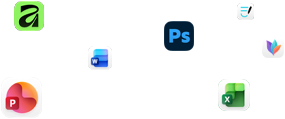ไอคอนแอปต่างๆ ลอยอยู่บนหน้าจอ, เช่น Microsoft Word, Adobe Photoshop, Canva และ Figma