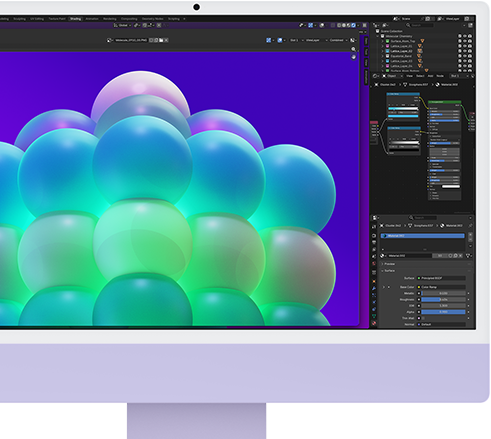 iMac, ภายนอกด้านหน้า, สีม่วง, แสดงโครงสร้างฟองสีสันสวยงามในแอปปรับแต่งรูปภาพ
