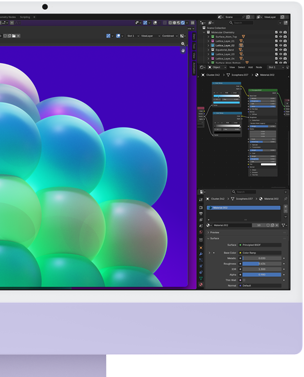 iMac, ภายนอกด้านหน้า, สีม่วง, แสดงโครงสร้างฟองสีสันสวยงามในแอปปรับแต่งรูปภาพ