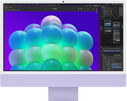 iMac, ภายนอกด้านหน้า, สีม่วง, แสดงโครงสร้างฟองสีสันสวยงามในแอปปรับแต่งรูปภาพ