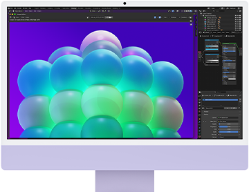 iMac, ภายนอกด้านหน้า, สีม่วง, แสดงโครงสร้างฟองสีสันสวยงามในแอปปรับแต่งรูปภาพ