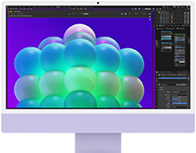 iMac, ภายนอกด้านหน้า, สีม่วง, แสดงโครงสร้างฟองสีสันสวยงามในแอปปรับแต่งรูปภาพ