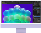 iMac, ภายนอกด้านหน้า, สีม่วง, แสดงโครงสร้างฟองสีสันสวยงามในแอปปรับแต่งรูปภาพ