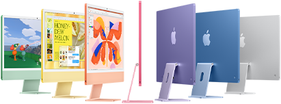 iMac เจ็ดรุ่นในสีเขียว เหลือง ส้ม ชมพู ม่วง ฟ้า และเงินจัดเรียงเป็นรูปหีบเพลง