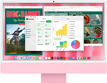 iMac, ภายนอกด้านหน้า, สีชมพู, หน้าจอแสดงแอปหลายแอปเปิดอยู่
