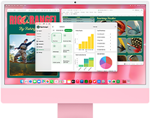 iMac, ภายนอกด้านหน้า, สีชมพู, หน้าจอแสดงแอปหลายแอปเปิดอยู่