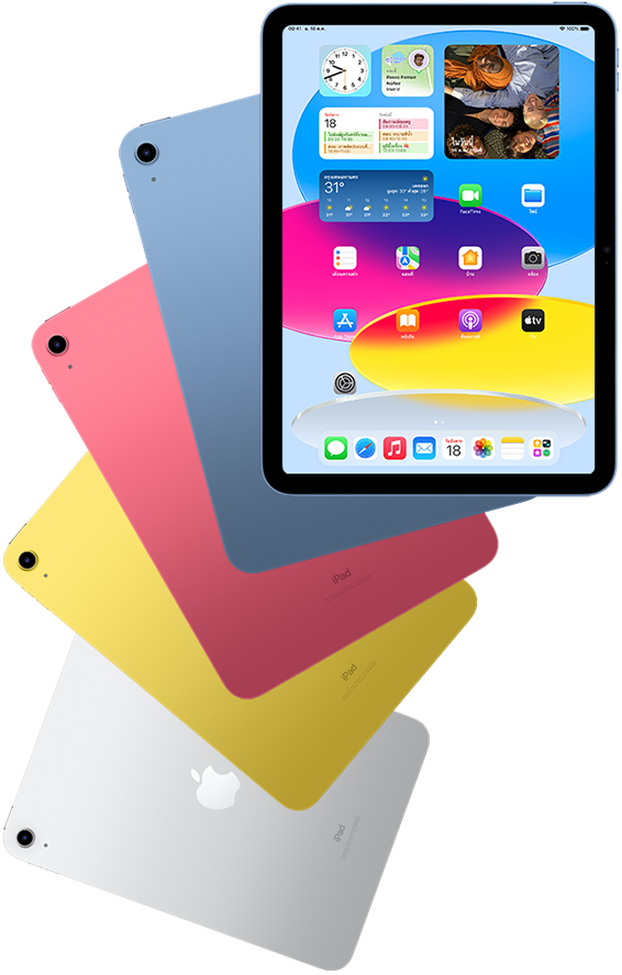 มุมมองด้านหน้าของ iPad ที่แสดงหน้าจอโฮมโดยมี iPad สีฟ้า สีชมพู สีเหลือง และสีเงินที่แสดงตัวเครื่องด้านหลังวางซ้อนอยู่ด้านหลัง