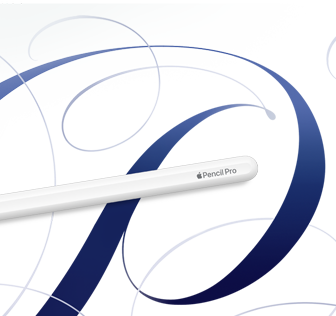 Apple Pencil Pro, สีขาว, แสดงอยู่บนพื้นหลังสีขาวที่มีลายหมุนวนสีฟ้า