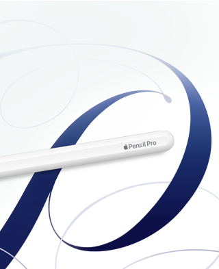 Apple Pencil Pro, สีขาว, แสดงอยู่บนพื้นหลังสีขาวที่มีลายหมุนวนสีฟ้า