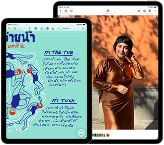 iPad Air สองเครื่อง, ขนาด 11 นิ้ว และ 13 นิ้ว, รุ่น 11 นิ้ว แสดงข้อความสีสันสดใสในแอปโน้ต, รุ่น 13 นิ้ว บนหน้าจอแสดงภาพถ่ายของบุคคลในแอปรูปภาพ