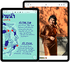 iPad Air สองเครื่อง, ขนาด 11 นิ้ว และ 13 นิ้ว, รุ่น 11 นิ้ว แสดงข้อความสีสันสดใสในแอปโน้ต, รุ่น 13 นิ้ว บนหน้าจอแสดงภาพถ่ายของบุคคลในแอปรูปภาพ