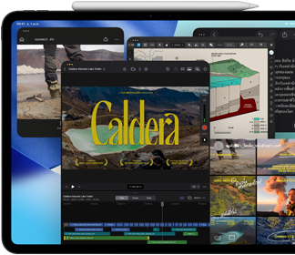 ตัวเครื่องภายนอกด้านหน้าของ iPad Pro, วางในแนวนอน, สีดำสเปซแบล็ค, Apple Pencil วางอยู่ด้านบนอุปกรณ์, จอภาพแสดงหน้าต่างของหลายแอปหลายที่เรียงต่อกัน รวมถึง Final Cut Pro ที่มีคุณสมบัติในการตัดต่อวิดีโอและหลายไทม์ไลน์เปิดอยู่, แผนที่, โน้ต และคลิปสื่อหลายคลิป