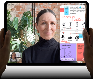 ตัวเครื่องภายนอกด้านหน้าของ iPad Pro, วางในแนวนอน, สีดำสเปซแบล็ค, มุมมน, ขอบจอภาพสีดำ, มือข้างหนึ่งถือบริเวณด้านซ้ายและอีกข้างหนึ่งถือบริเวณด้านขวา, จอภาพแสดงการสนทนาทาง FaceTime ที่มีแอปเพื่อการศึกษาที่แสดงงานนำเสนอเรื่อง "เทวตำนานเปรียบเทียบ" พร้อมข้อความ ไดอะแกรม และโน้ตที่เขียนด้วยลายมือ