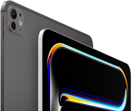 ตัวเครื่องภายนอกด้านหลังของ iPad Pro สีดำสเปซแบล็ค แสดงปุ่มปรับระดับเสียงและระบบกล้องระดับโปร, ตัวเครื่องภายนอกด้านหน้าของ iPad Pro สีเงิน แสดงมุมมนและขอบจอภาพสีดำ, จอภาพแสดงพื้นหลังสีดำที่มีลายเส้นนามธรรมหลากสีสัน