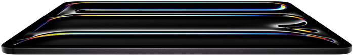 ตัวเครื่องภายนอกด้านหน้าของ iPad Pro สีดำสเปซแบล็ค แสดงตัวเครื่องอะลูมิเนียมและกระจกที่มีดีไซน์บางเฉียบ และเอียงไปด้านหลังโดยที่จอภาพแสดงงานศิลปะแนวลายเส้นหลากสีสัน