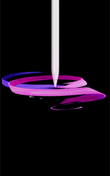 ตัวเครื่องภายนอกด้านหน้าของ Apple Pencil Pro ในแนวตั้ง มุมมองด้านข้าง สีขาว กำลังวาดลายริบบิ้นสีม่วงและสีชมพูแบบนามธรรม