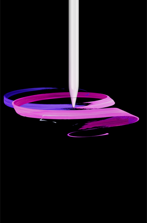 ตัวเครื่องภายนอกด้านหน้าของ Apple Pencil Pro ในแนวตั้ง มุมมองด้านข้าง สีขาว กำลังวาดลายริบบิ้นสีม่วงและสีชมพูแบบนามธรรม