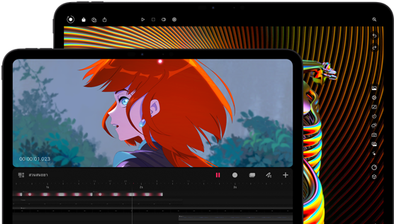 iPad Pro รุ่น 13 นิ้ว และ iPad Pro รุ่น 11 นิ้ว, ตัวเครื่องภายนอกด้านหน้า, แนวนอน, สีดำสเปซแบล็ค, มุมมน, ขอบจอภาพสีดำ, จอภาพรุ่น 11 นิ้ว แสดงภาพสีสันสวยงามของตัวละครผมสีแดง, จอภาพรุ่น 13 นิ้ว แสดงองค์ประกอบอินเทอร์เฟซในการปรับแต่งรูปภาพหลากสีสัน