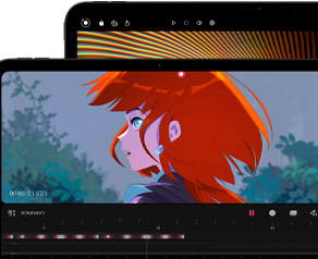 ตัวเครื่องภายนอกด้านหน้า, แนวนอน, สีดำสเปซแบล็ค, มุมมน, ขอบจอภาพสีดำ, จอภาพรุ่น 11 นิ้ว แสดงภาพสีสันสวยงามของตัวละครผมสีแดง, จอภาพรุ่น 13 นิ้ว แสดงองค์ประกอบอินเทอร์เฟซในการปรับแต่งรูปภาพหลากสีสัน