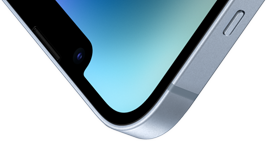 มุมบนซ้ายของ iPhone 14 ที่มีด้านหน้าแบบ Ceramic Shield