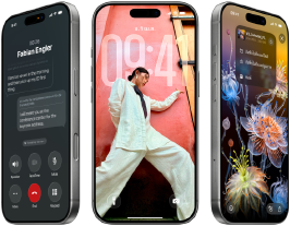 iPhone 17 Pro ทั้ง 3 รุ่น, ภายนอกด้านหน้า, วางเรียงกัน, แสดง iOS 26, เอฟเฟ็กต์ Liquid Glass และคุณสมบัติของ Apple Intelligence