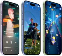 iPhone 17 devices, exterior front, exterior side, demonstrating Apple Music, Visual intelligence, gaming, buttons: Action button, volume